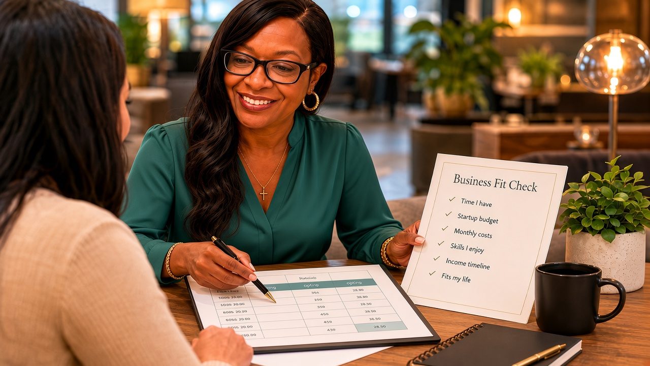 Jae Brown in a teal blouse, smiling as she talks through options with a client across a table