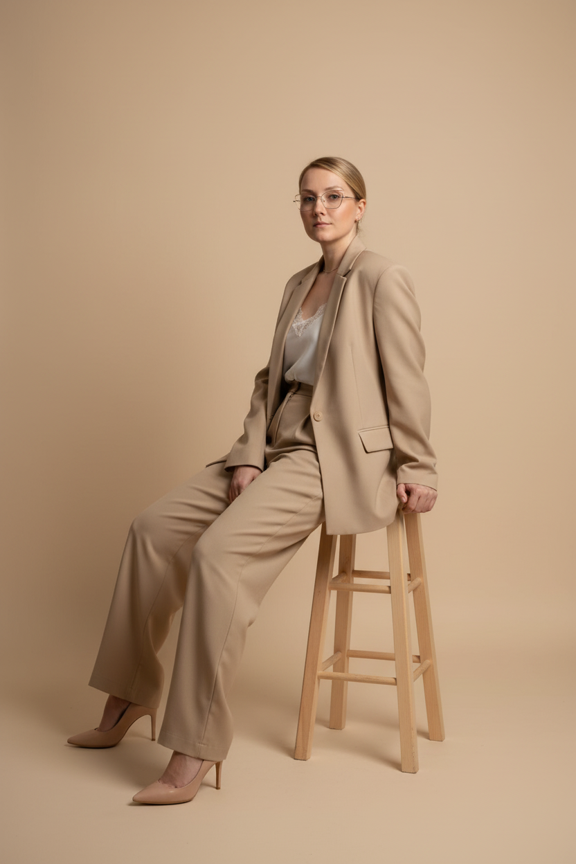 Maya Tudor seated in a cream suit against a warm neutral studio background