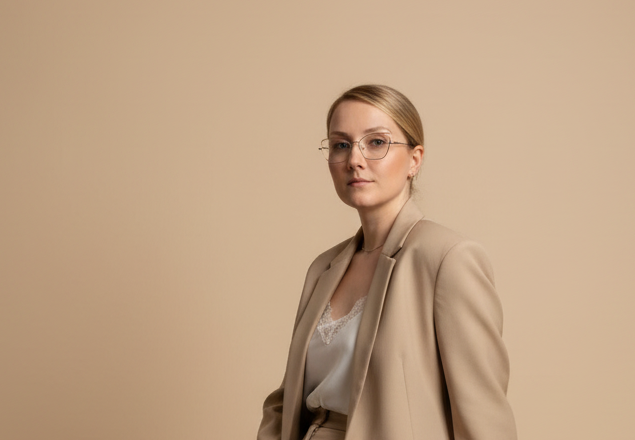 Maya Tudor wearing a cream suit against a warm neutral background