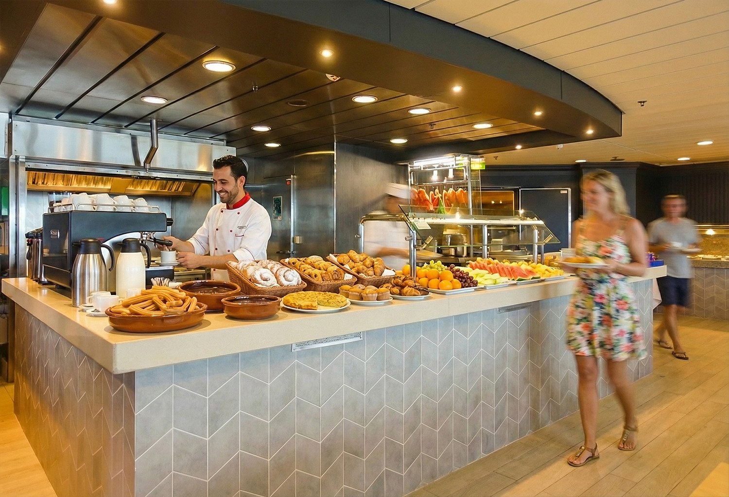 Buffet de crucero todo incluido con comida y bebidas para familias durante el viaje