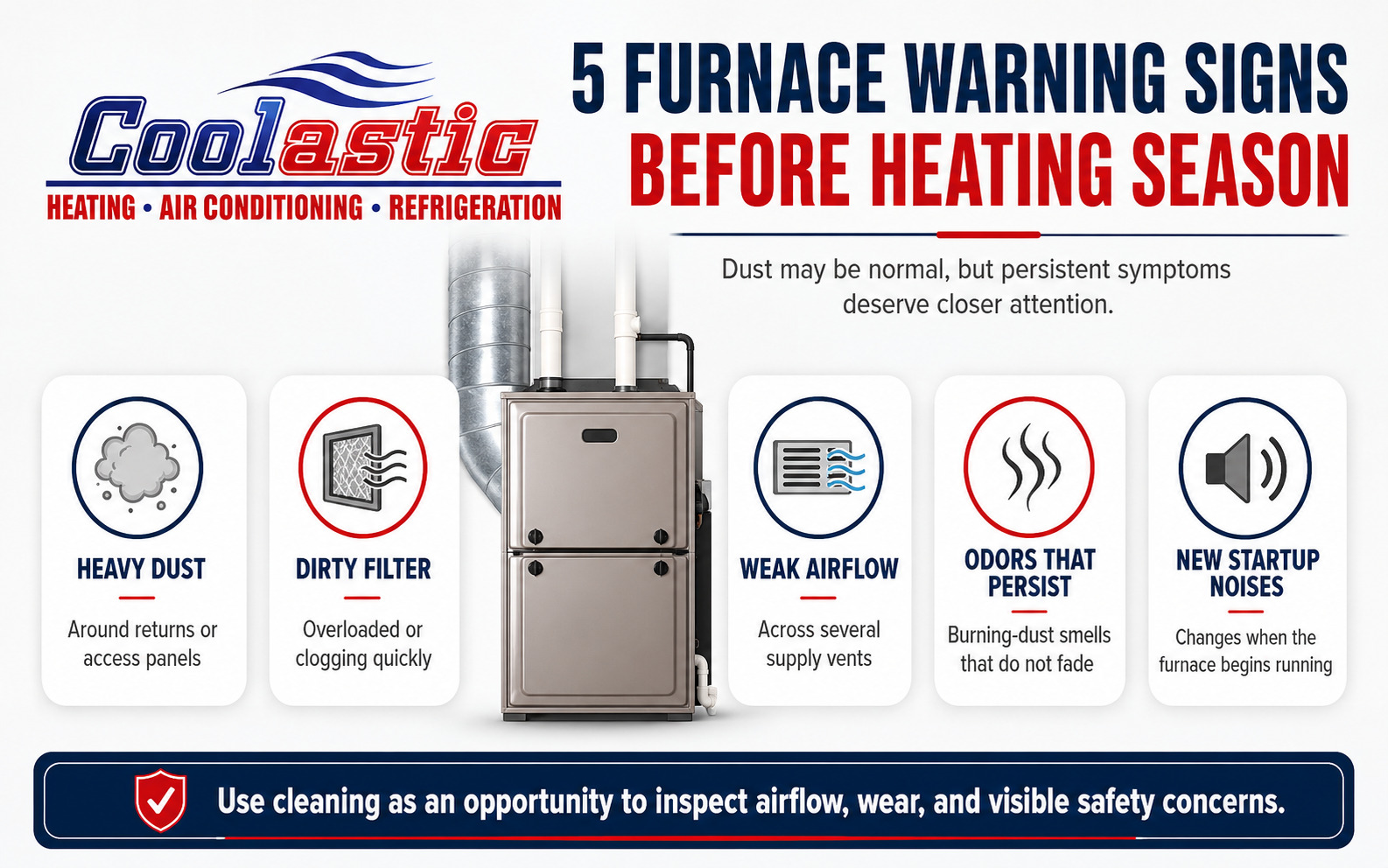 Furnace cleaning infographic showing heavy dust, dirty filters, weak airflow, persistent odors, and unusual startup noises. Furnace cleaning infographic showing heavy dust, dirty filters, weak airflow, persistent odors, and unusual startup noises.