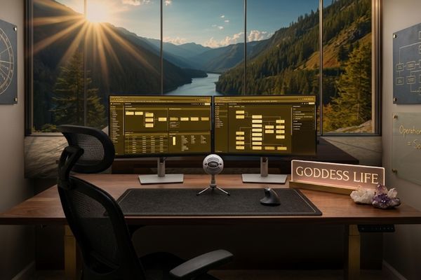 Minimalist luxury desk with Goddess Life sign and dual monitors representing operational silence for the metaphysical elite.