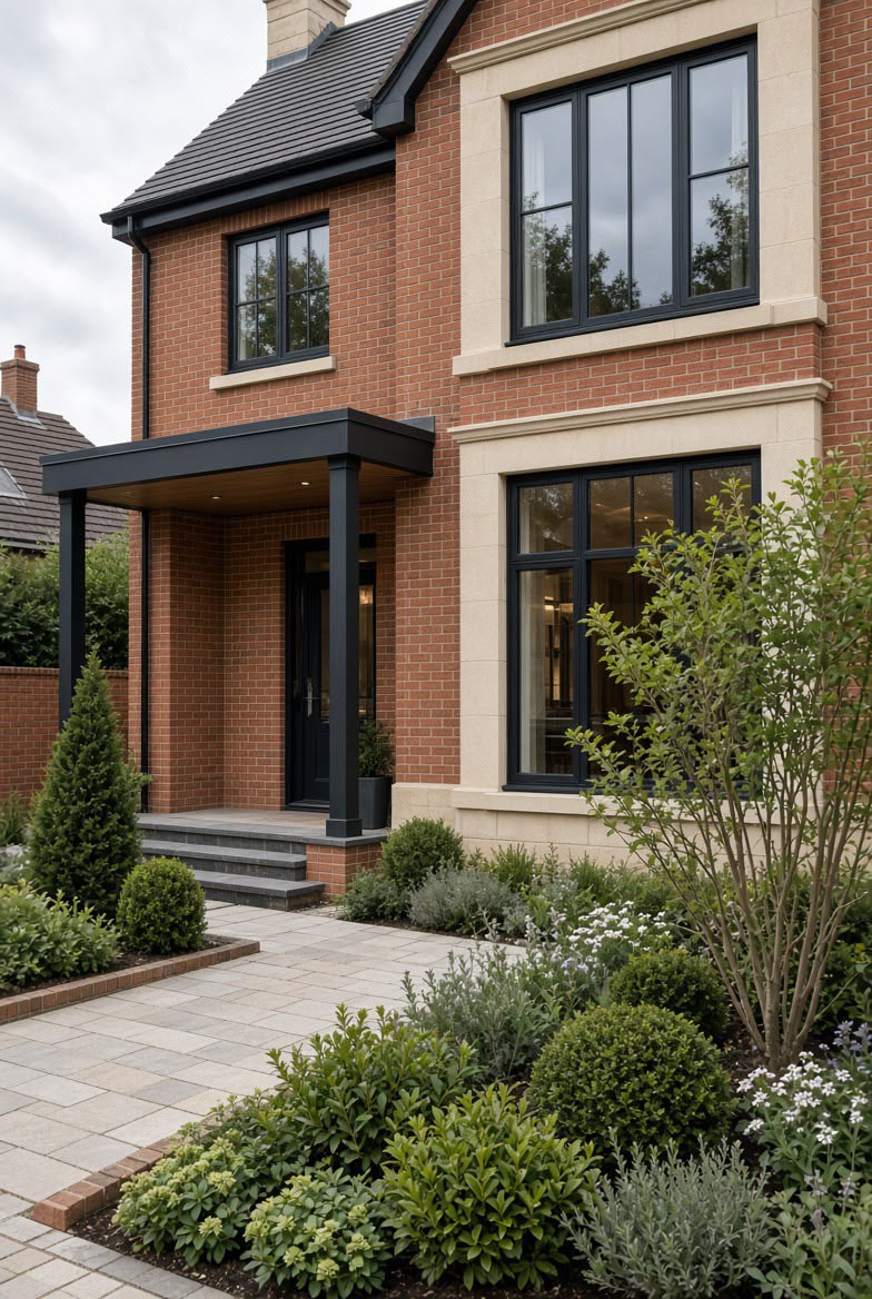 Entrance and frontage of a newly completed detached home