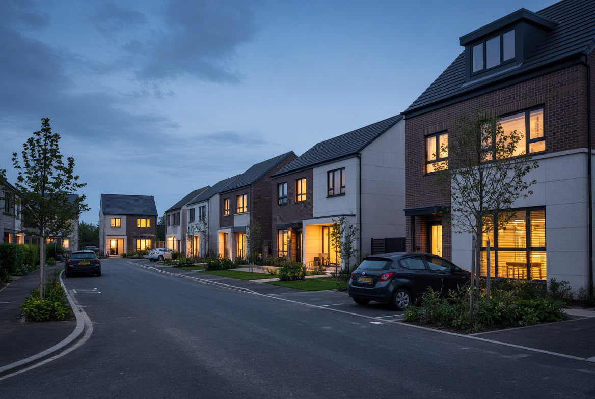 A completed housing development at dusk with lit windows