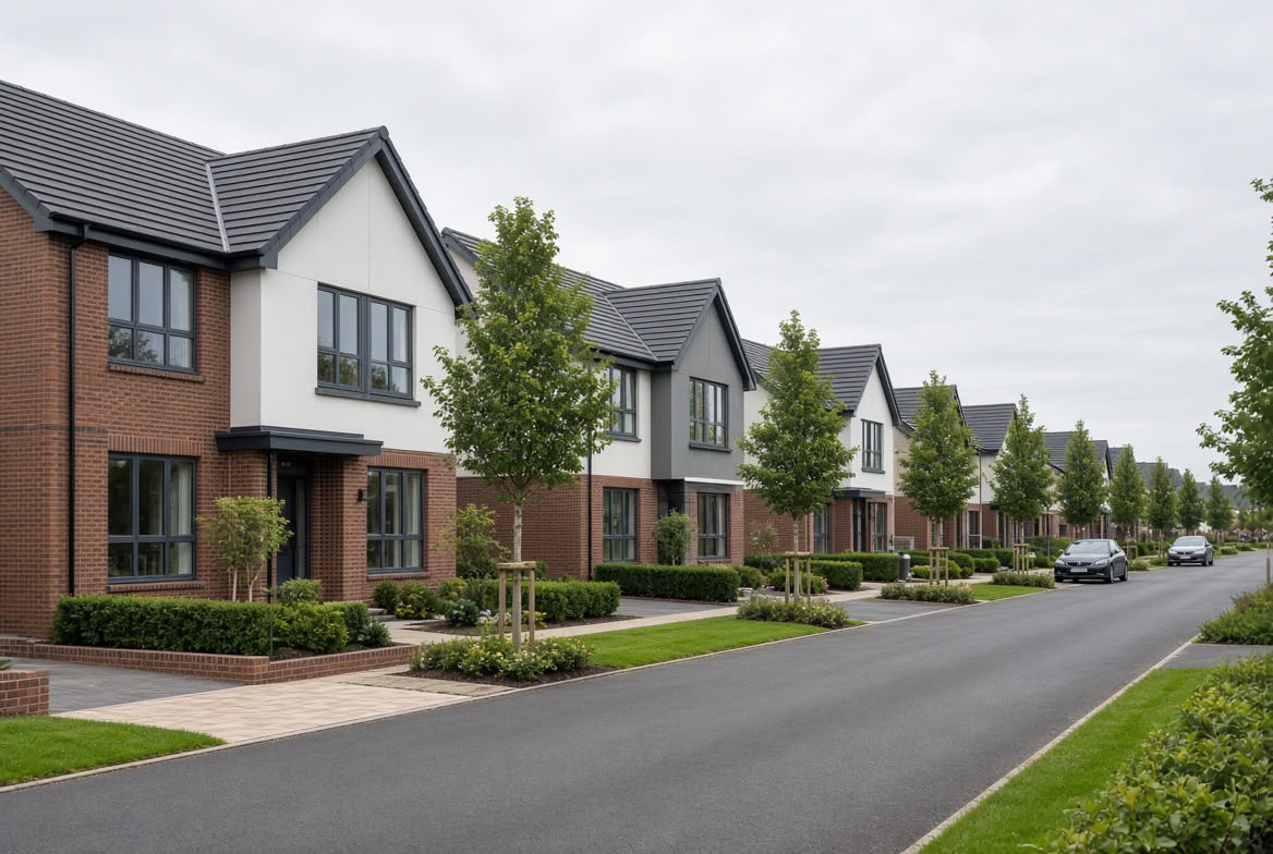 New adopted estate road with kerbs and footway on a completed residential development