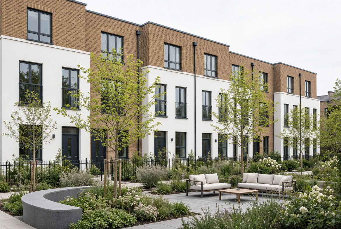 Completed townhouses with a landscaped communal courtyard