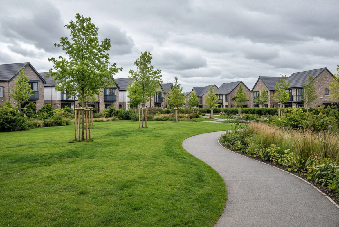Landscaped public open space and footpath within a residential development