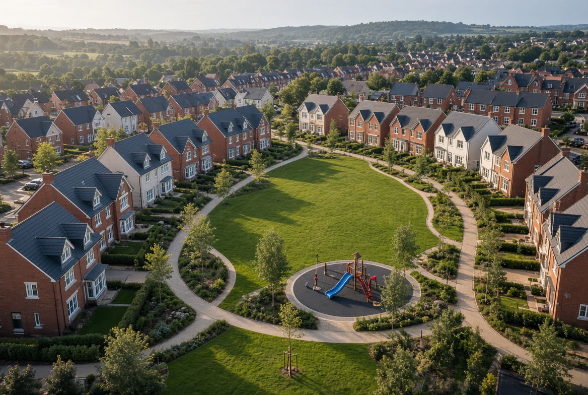 Aerial view of a housing development with central green open space and a play area