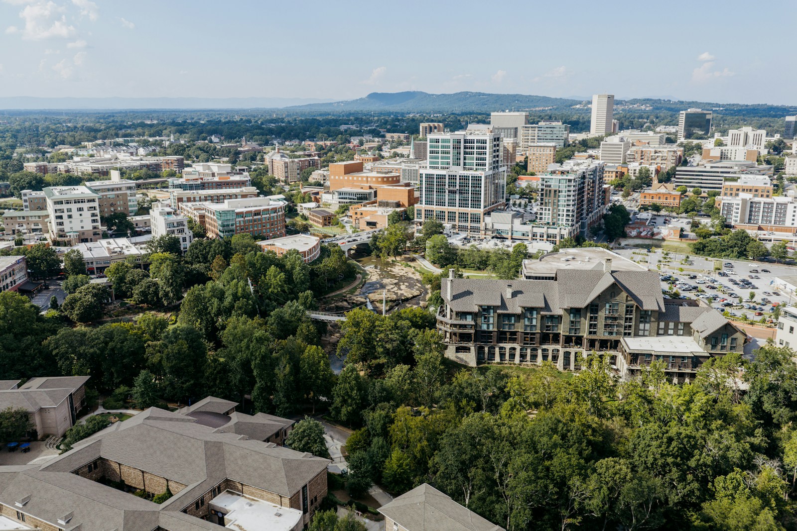 Aerial view of downtown Greenville, SC and surrounding neighborhoods