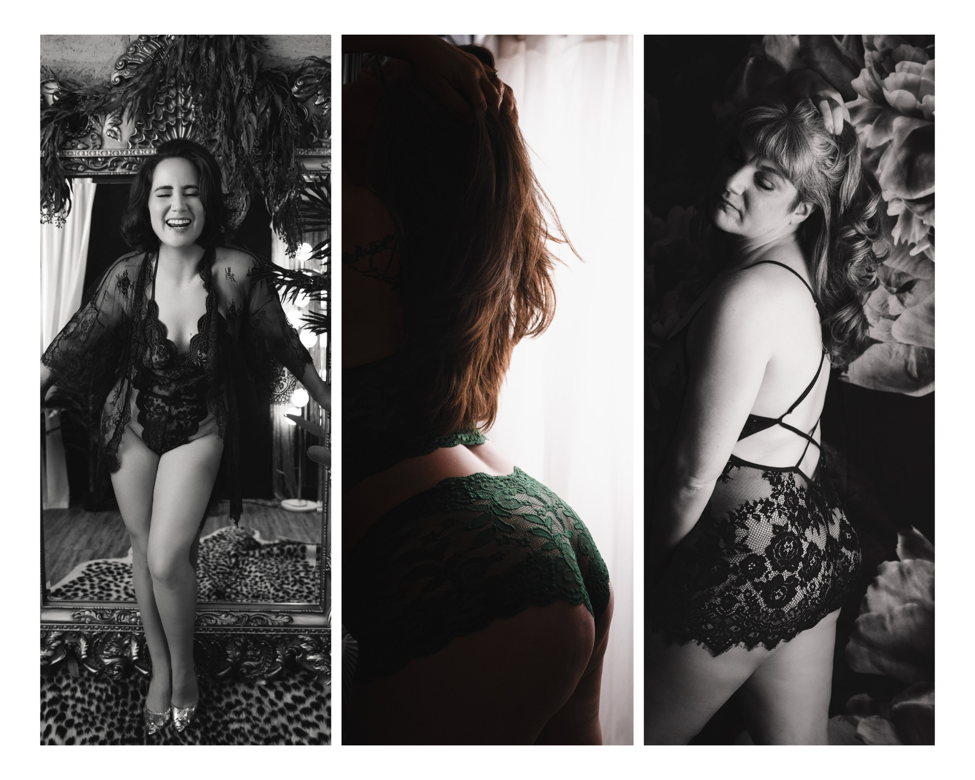 Collage of boudoir portraits featuring women in lace lingerie, capturing confidence, softness, and bold expression | Jessica Korff Studios in Tucson, Arizona