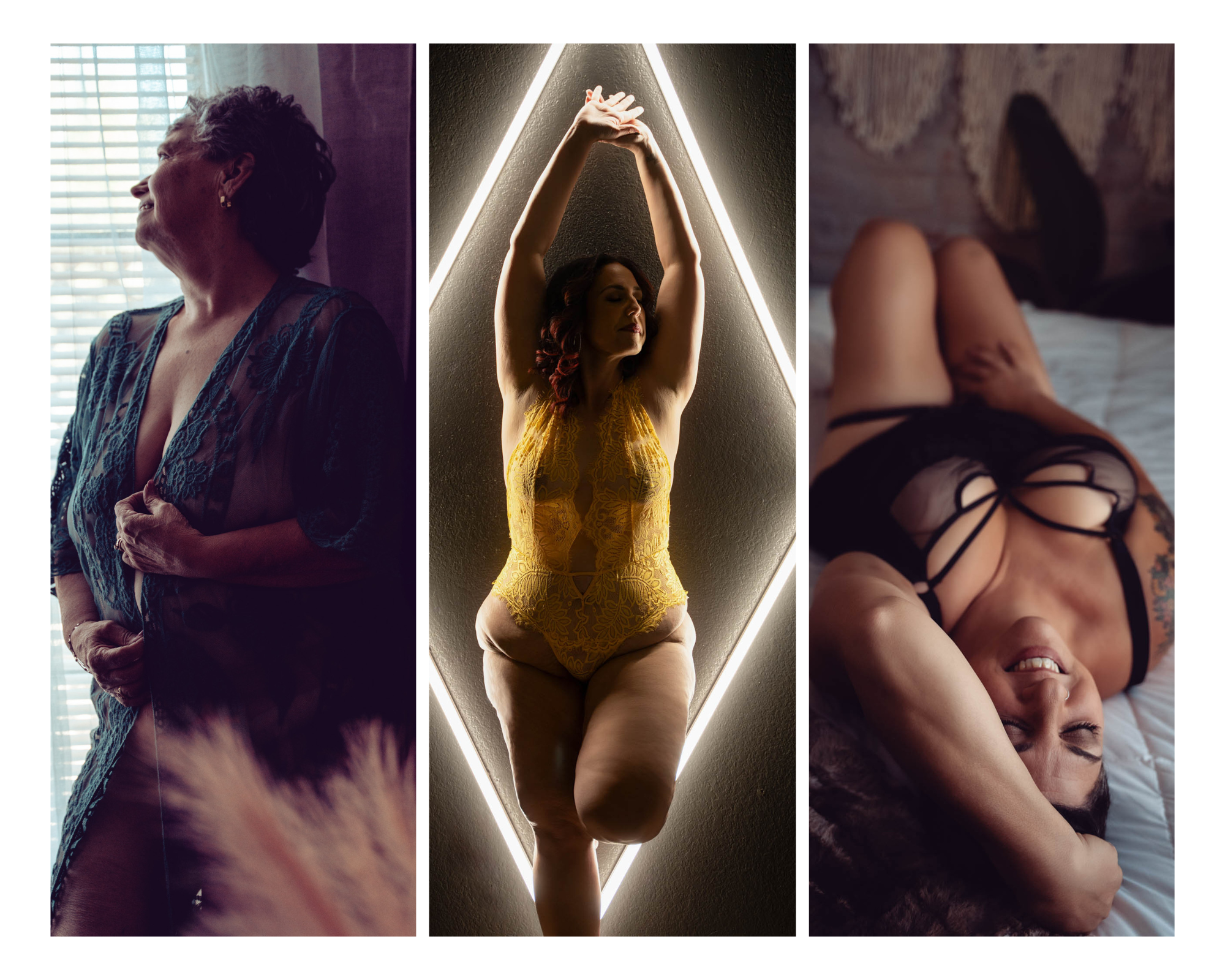Collage of women in lace lingerie during boudoir photoshoots, posing confidently in soft and dramatic lighting | Jessica Korff Studios in Tucson, Arizona