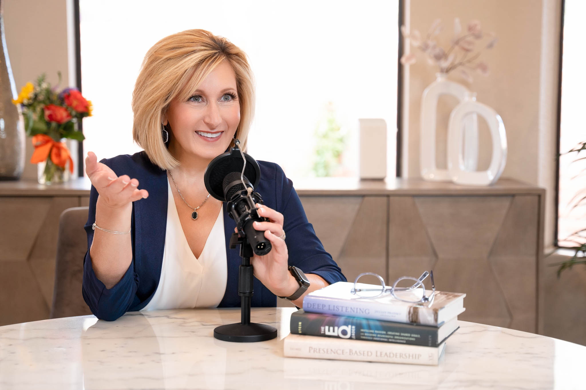 Podcast branding session with female business owner speaking into microphone, content creation lifestyle | Jessica Korff Studios Tucson, AZ