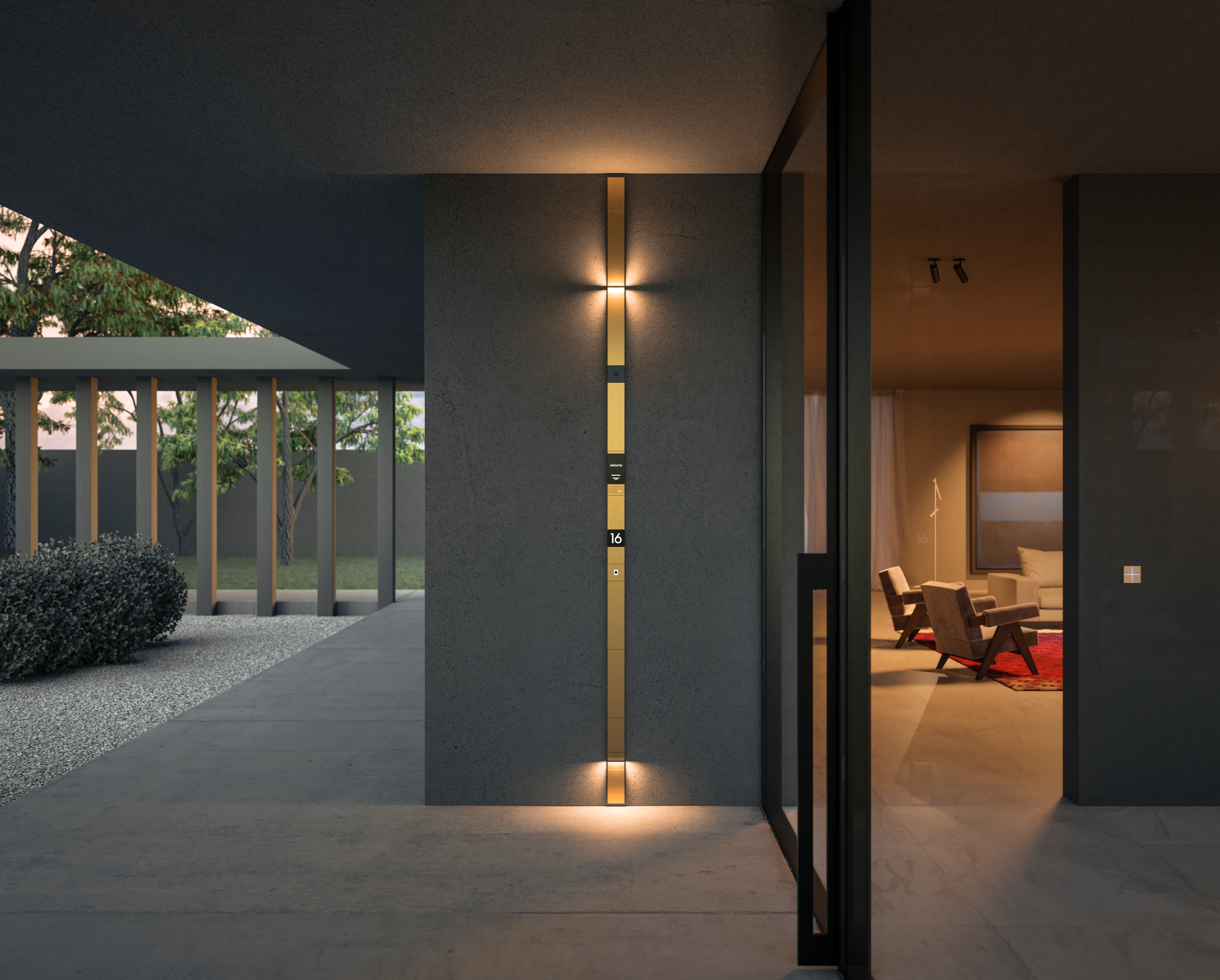 Façade extérieure résidence haut de gamme au crépuscule — système Basalte Adelante intégré, audiovisuel premium Vestalia PACA
