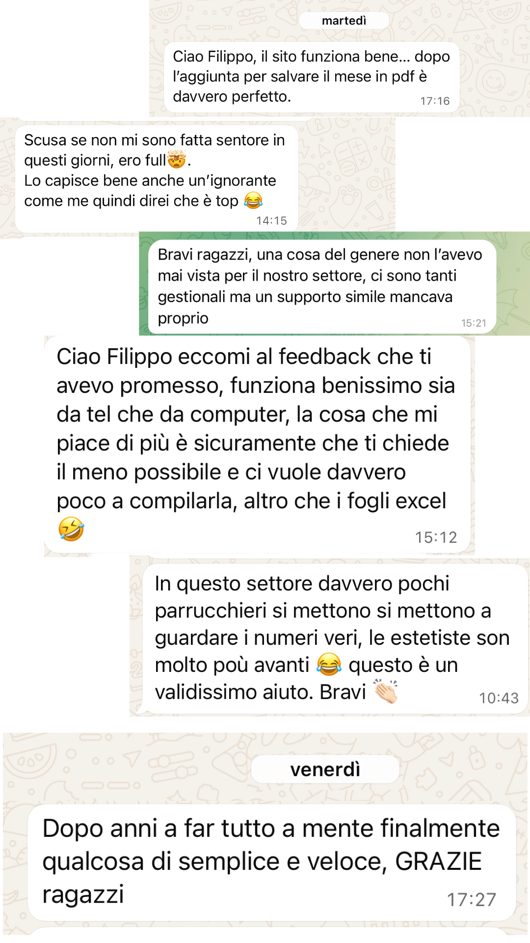 Feedback WhatsApp dei saloni che hanno provato il Cruscotto del Salone