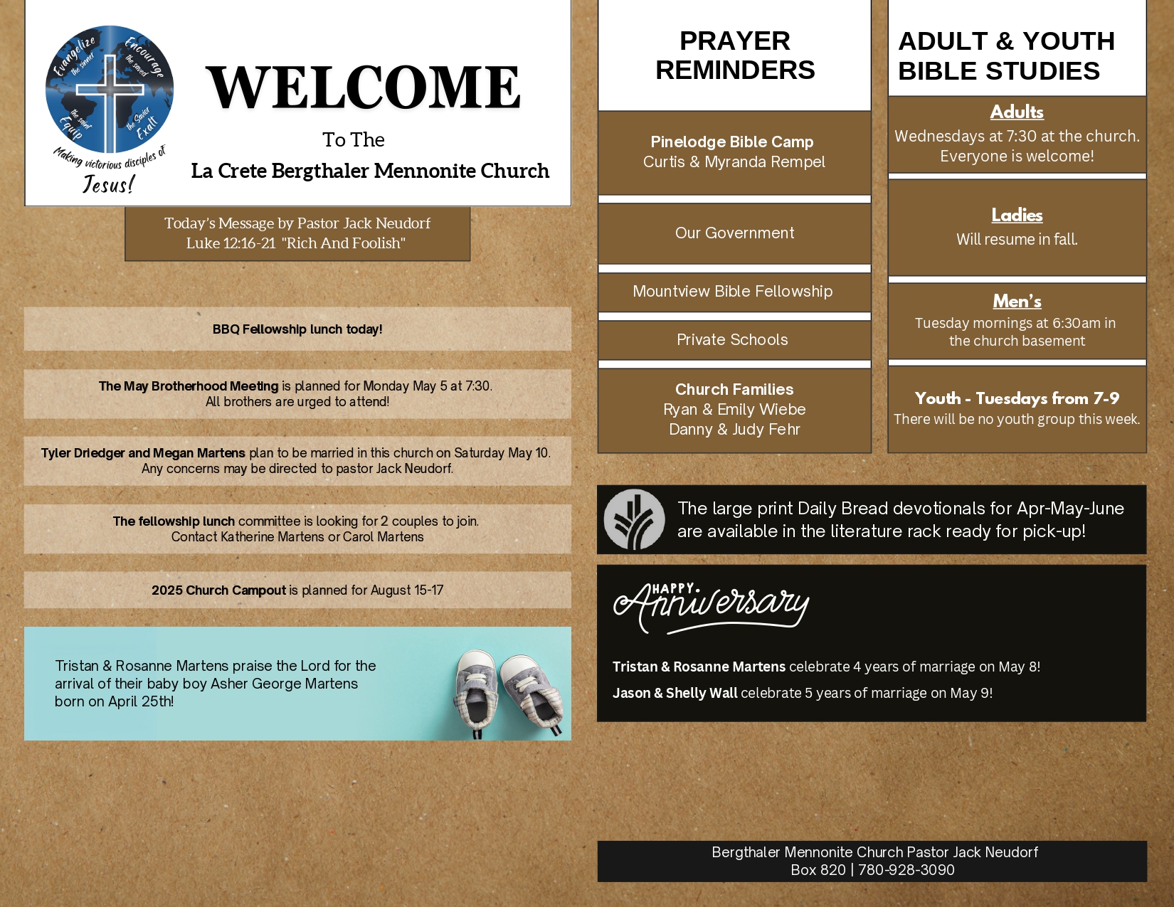 La Crete Bergthaler Mennonite Church Bulletin Page 1