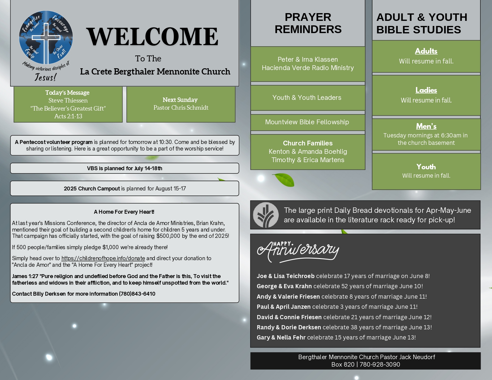 La Crete Bergthaler Mennonite Church Bulletin Page 1