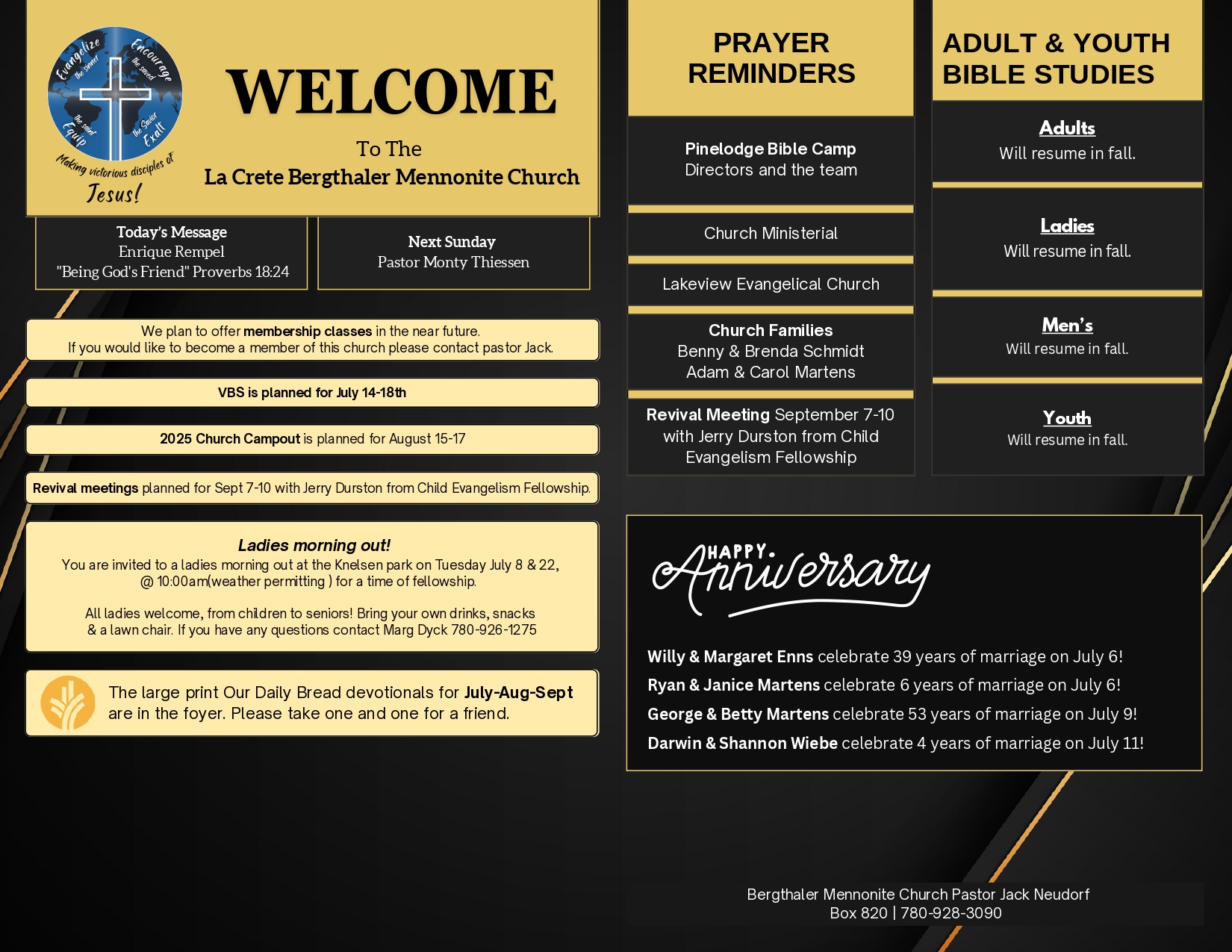 La Crete Bergthaler Mennonite Church Bulletin Page 1
