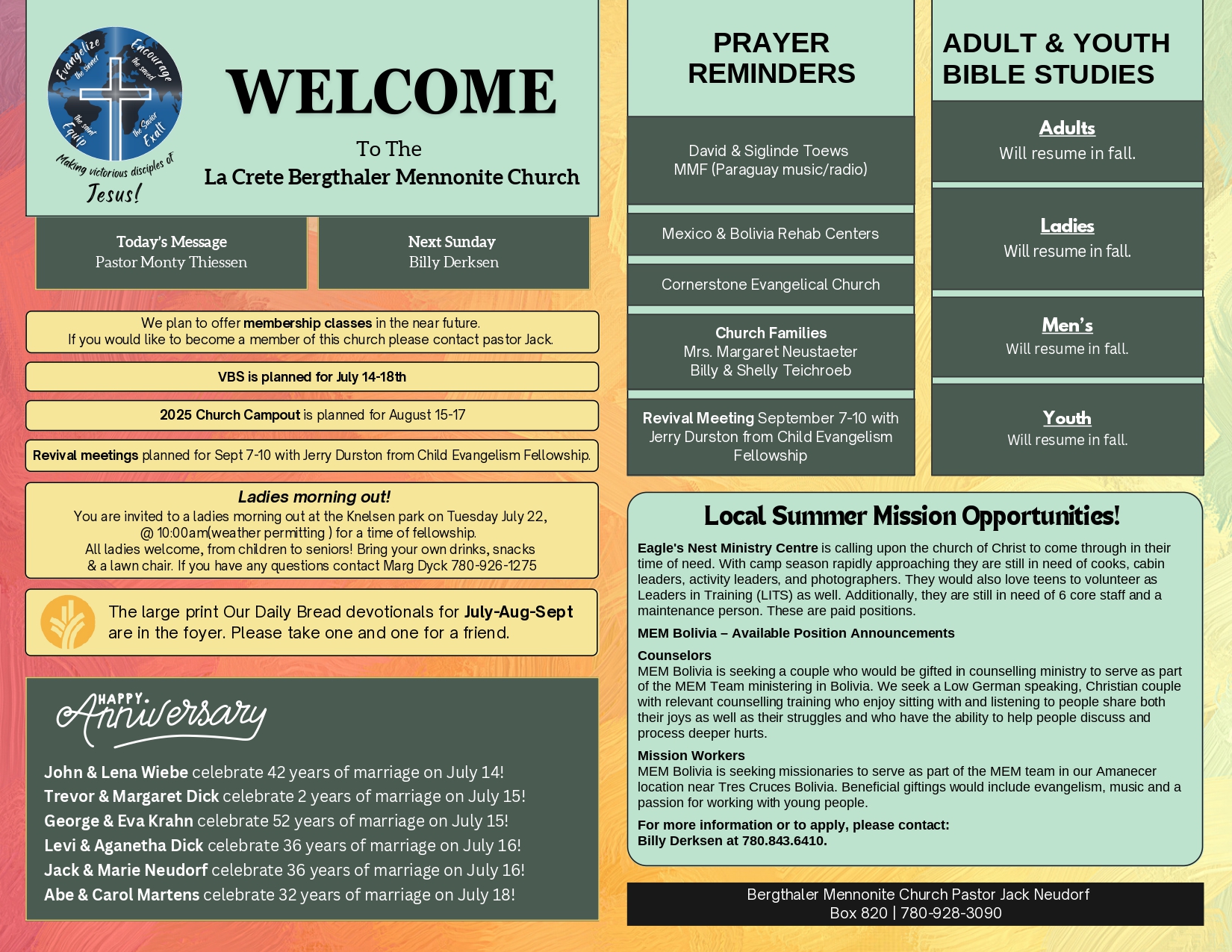 La Crete Bergthaler Mennonite Church Bulletin Page 1