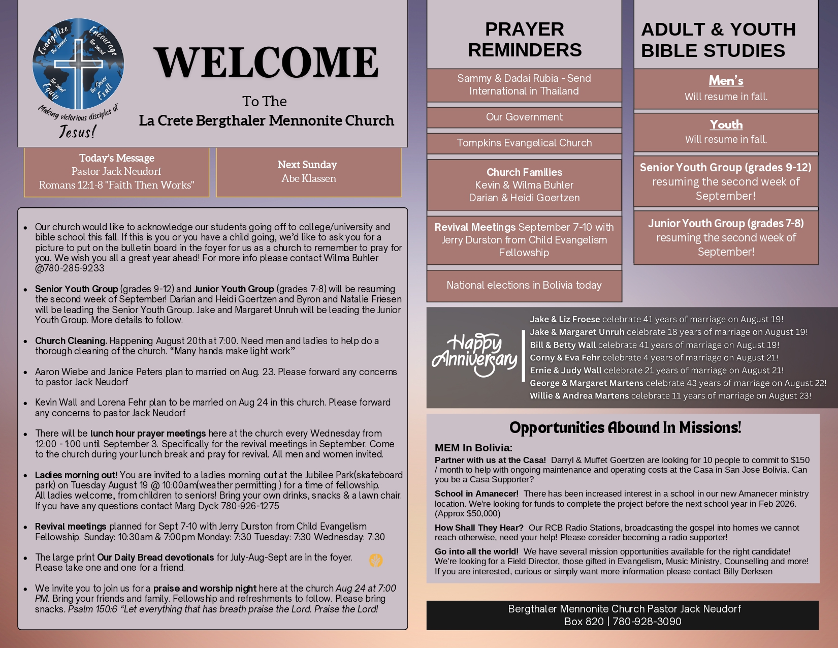 La Crete Bergthaler Mennonite Church Bulletin Page 1