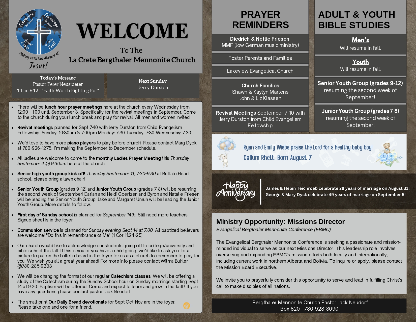 La Crete Bergthaler Mennonite Church Bulletin Page 1