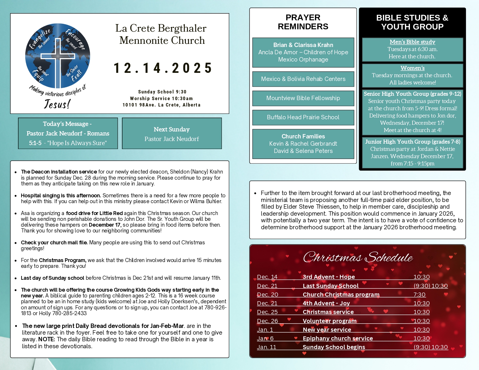 La Crete Bergthaler Mennonite Church Bulletin Page 1