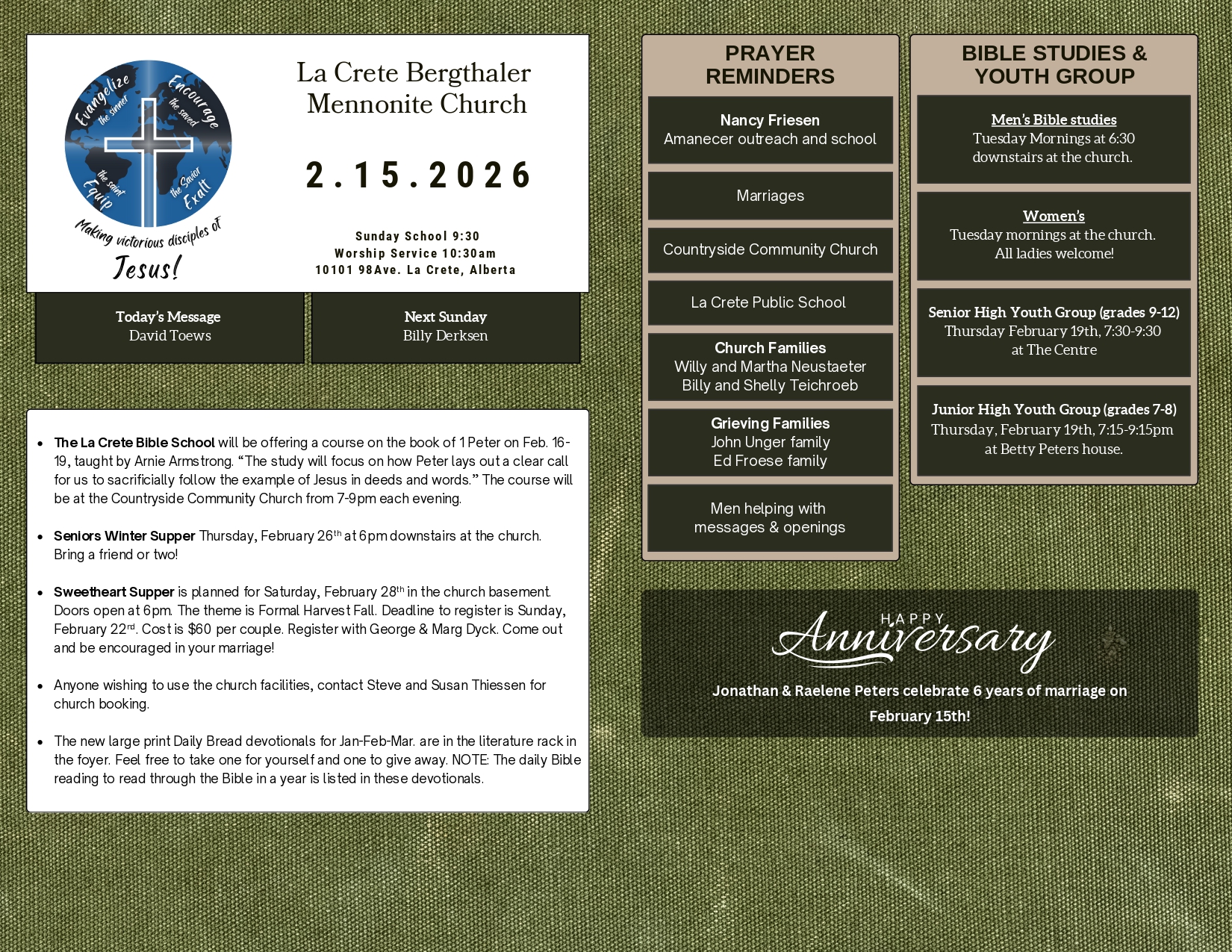 La Crete Bergthaler Mennonite Church Bulletin Page 1