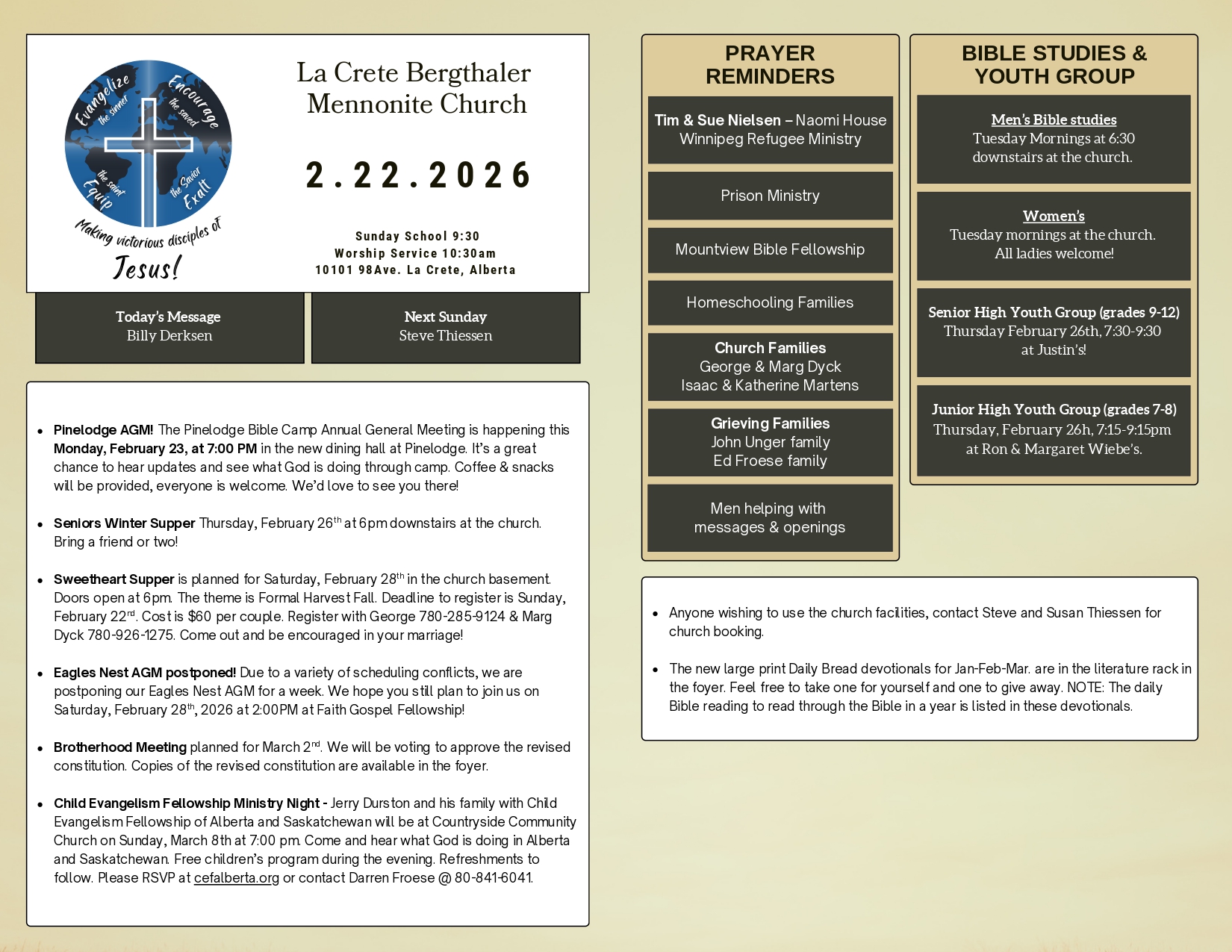 La Crete Bergthaler Mennonite Church Bulletin Page 1