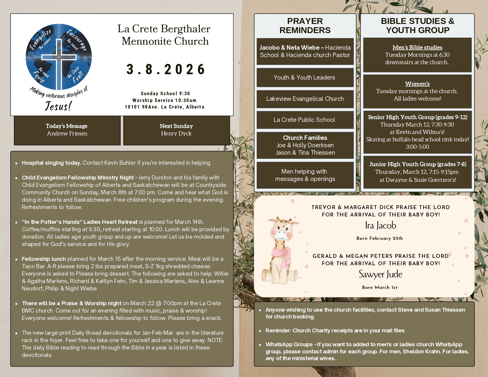 La Crete Bergthaler Mennonite Church Bulletin Page 1