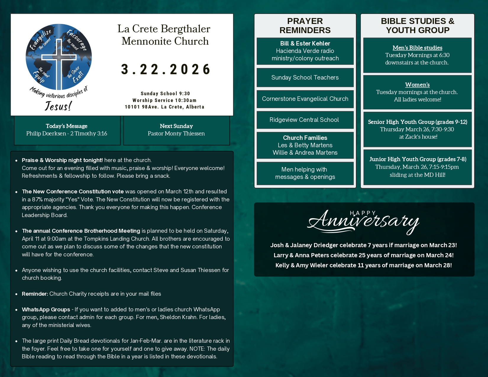 La Crete Bergthaler Mennonite Church Bulletin Page 1