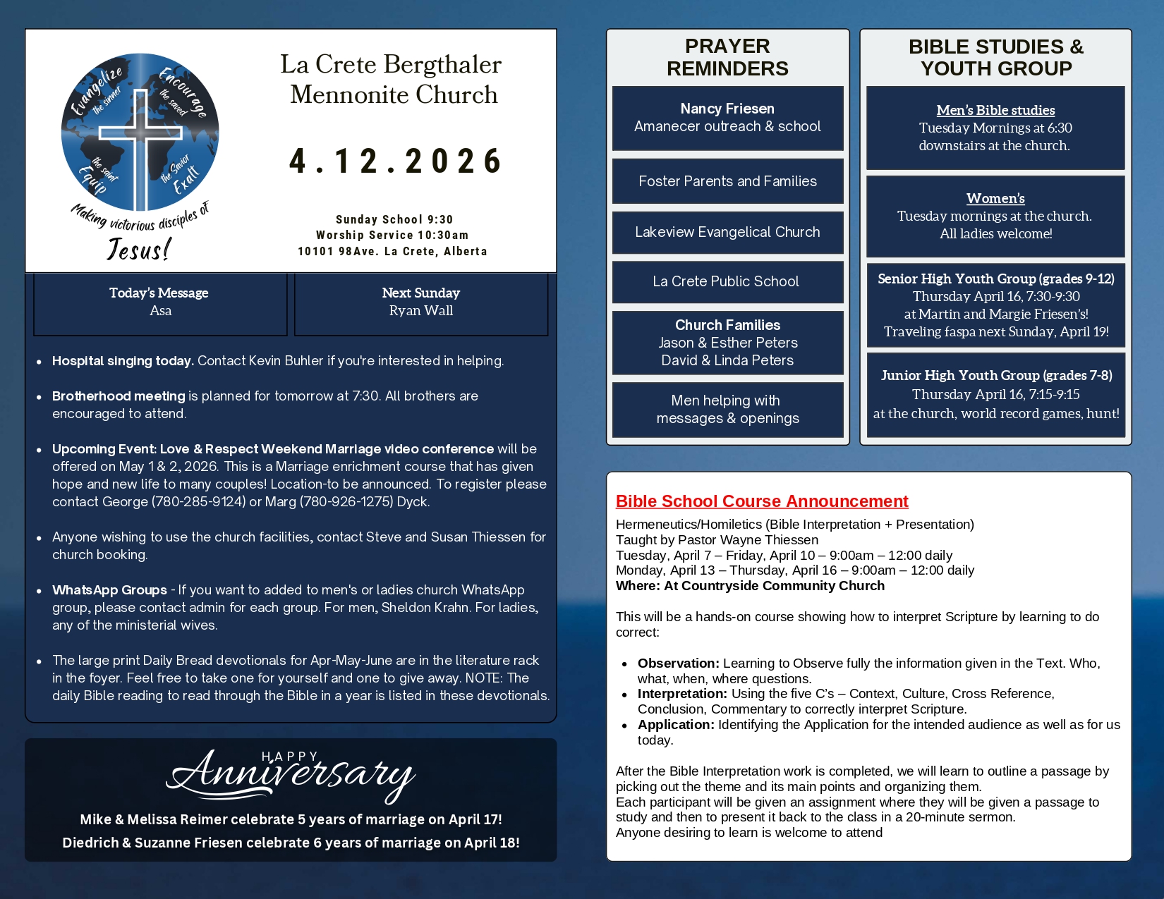 La Crete Bergthaler Mennonite Church Bulletin Page 1