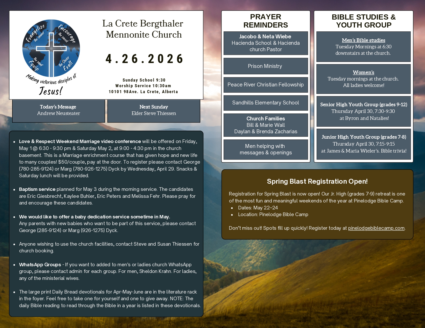 La Crete Bergthaler Mennonite Church Bulletin Page 1