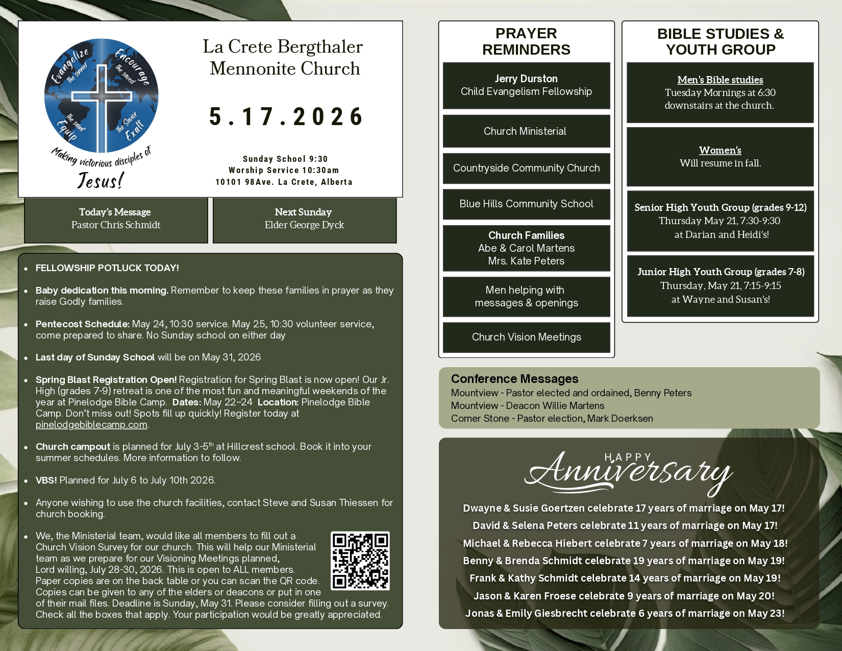 La Crete Bergthaler Mennonite Church Bulletin Page 1