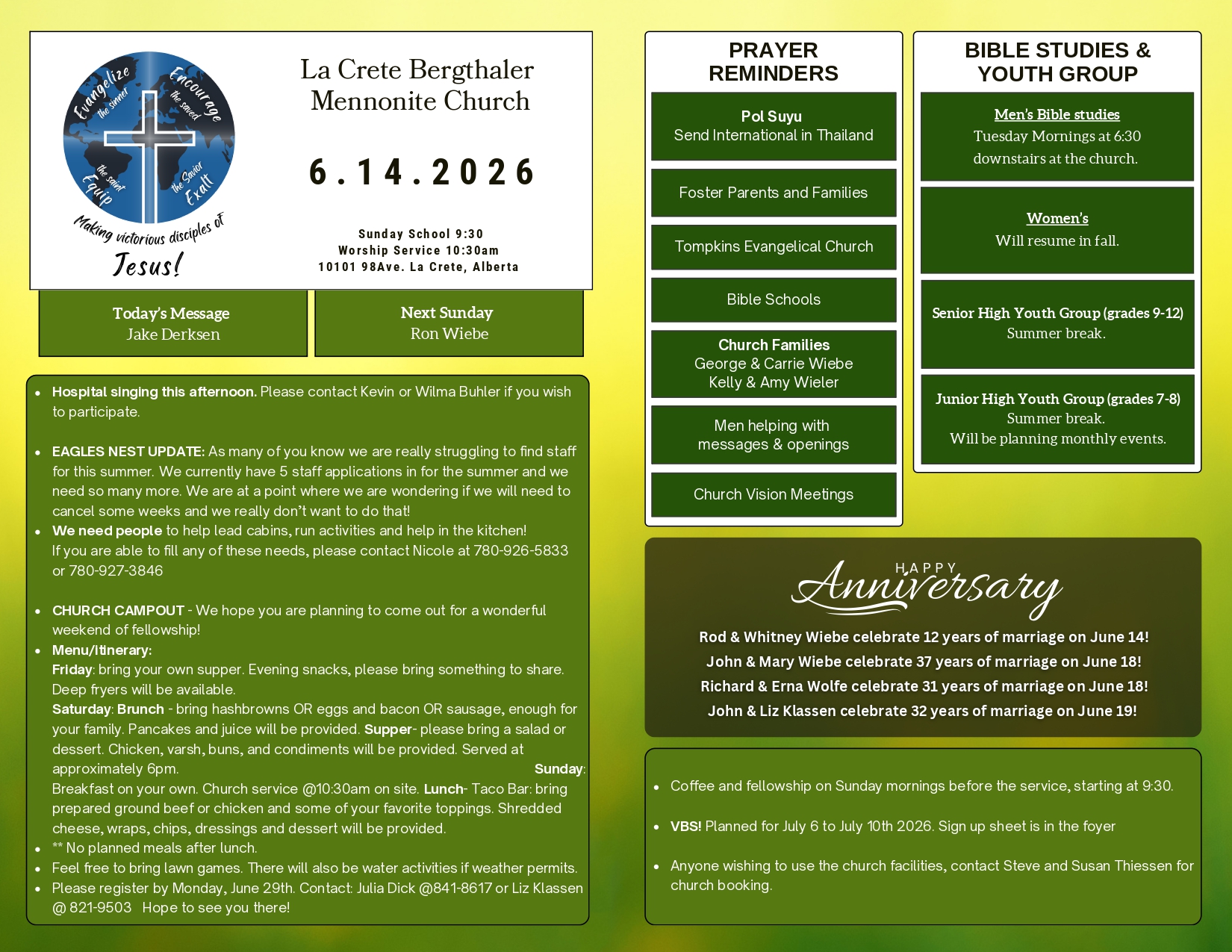 La Crete Bergthaler Mennonite Church Bulletin Page 1