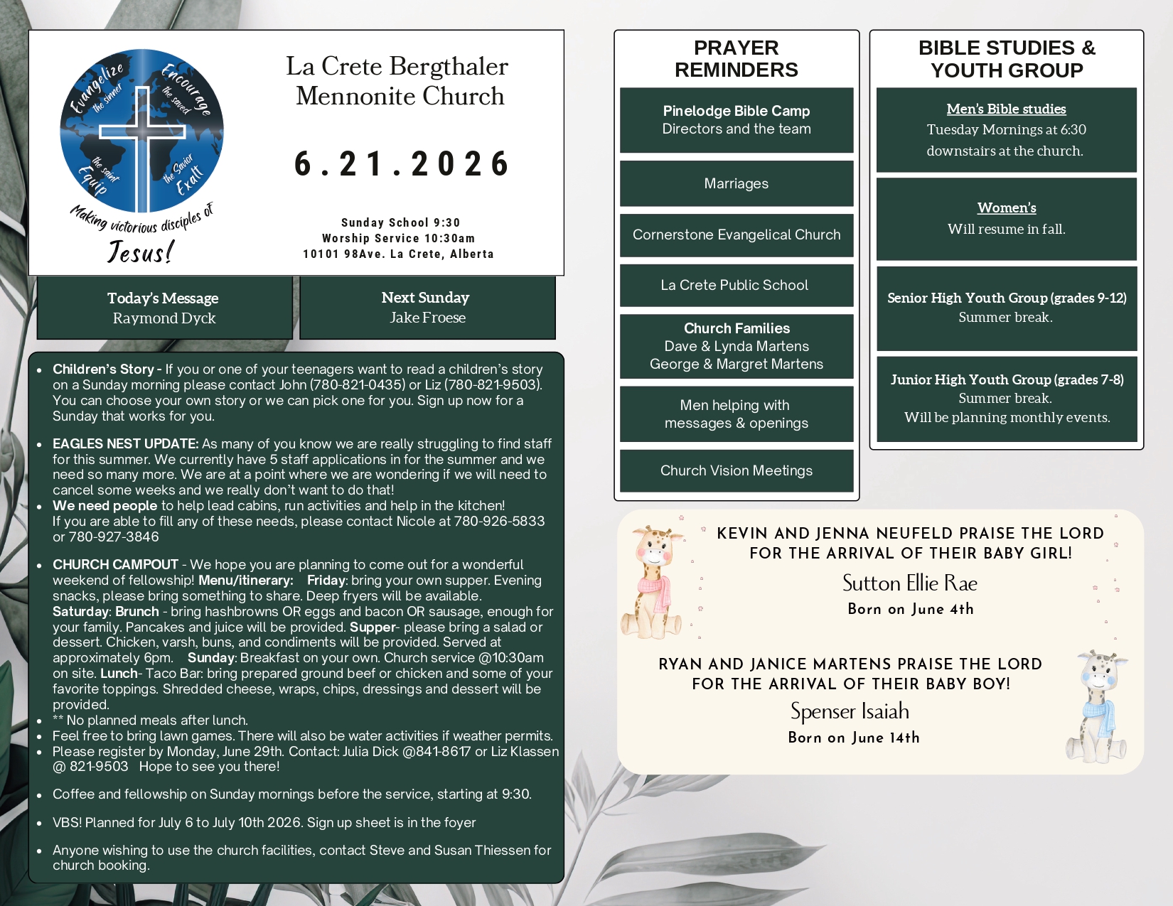 La Crete Bergthaler Mennonite Church Bulletin Page 1
