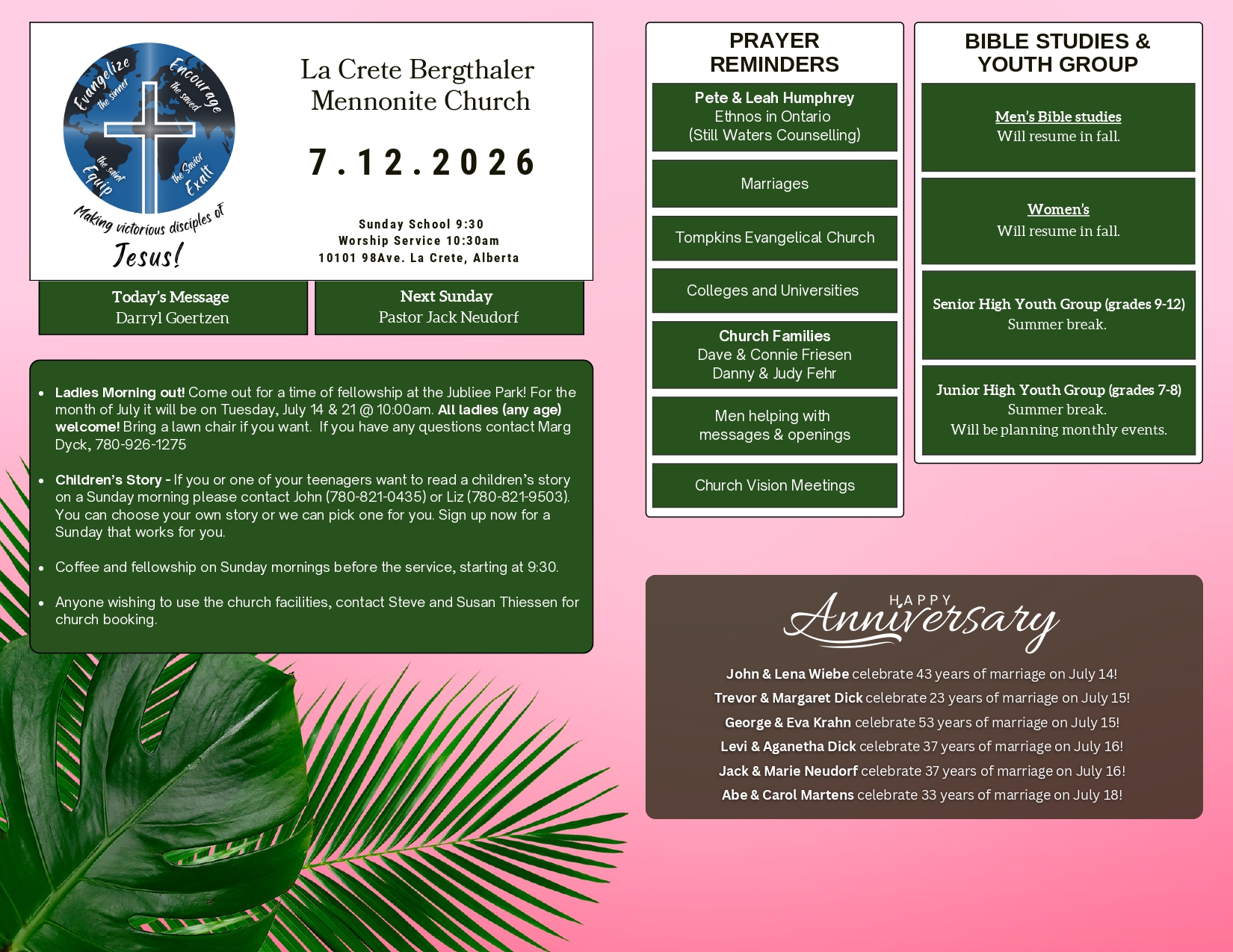 La Crete Bergthaler Mennonite Church Bulletin Page 1