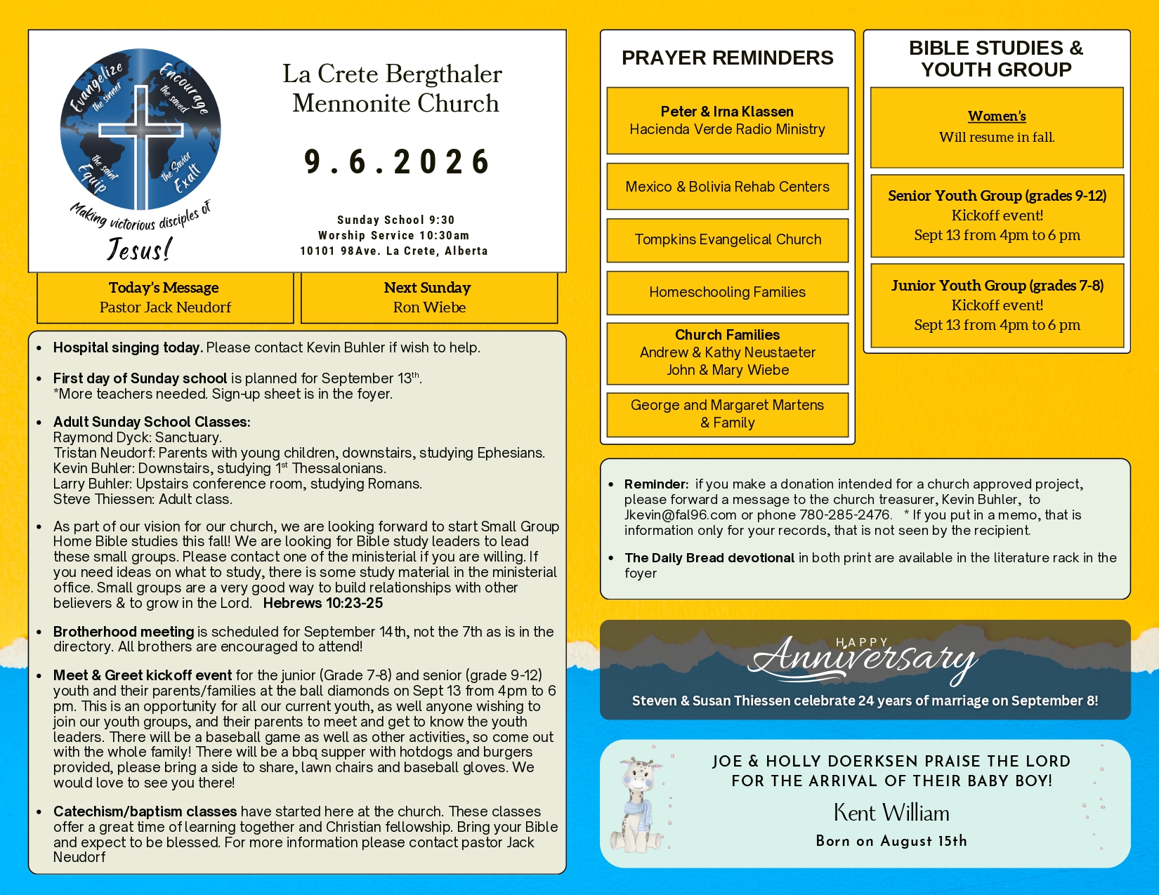 La Crete Bergthaler Mennonite Church Bulletin Page 1