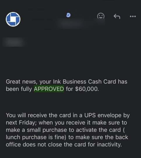 Chase Ink approval, $60,000