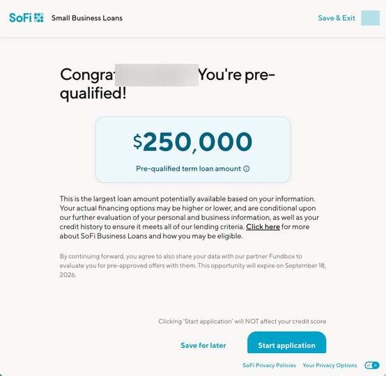 SoFi $250,000 business loan pre-qualification