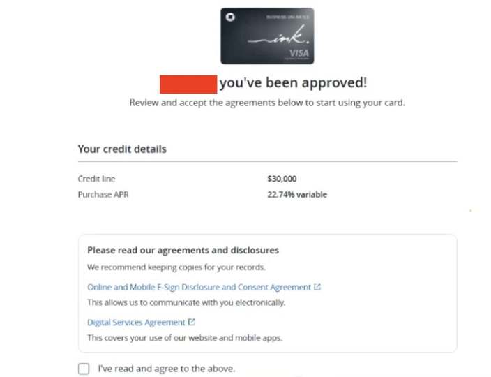 Chase Ink approval, $30,000