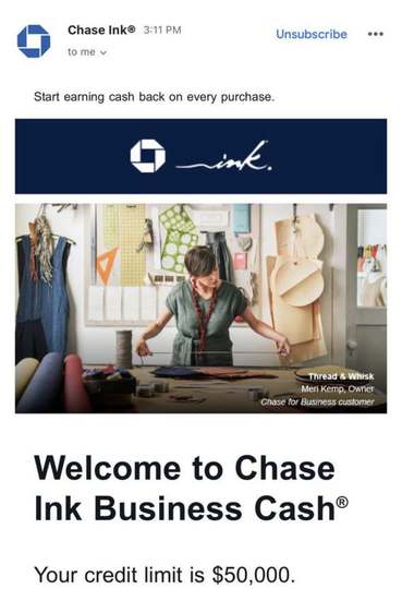 Chase Ink Business Cash approval, $50,000