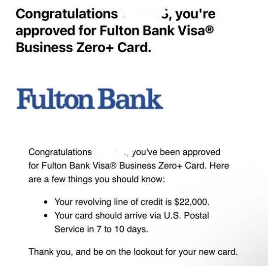Fulton Bank approval, $22,000 line
