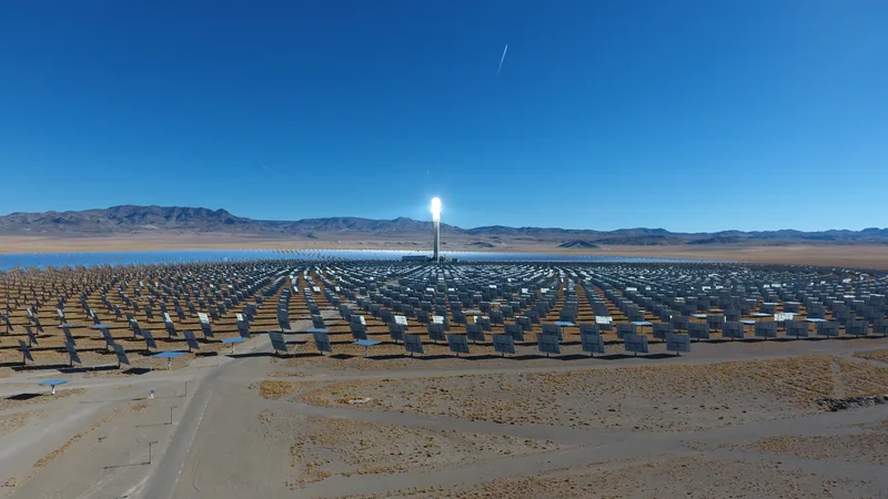 Rows of heliostats stretching toward the mountains.