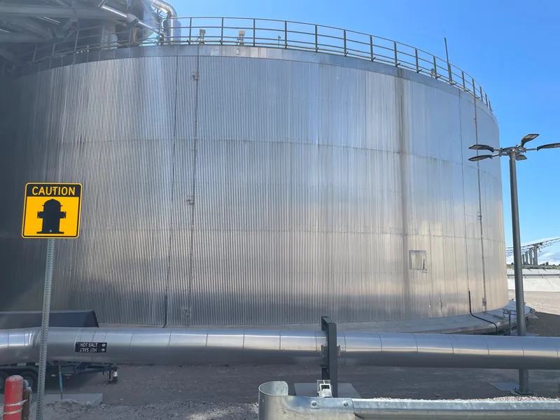 One of the large insulated molten salt storage tanks.