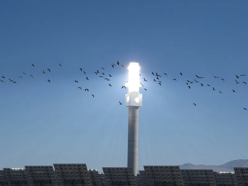 The lit tower seen across the solar field, with birds in flight.