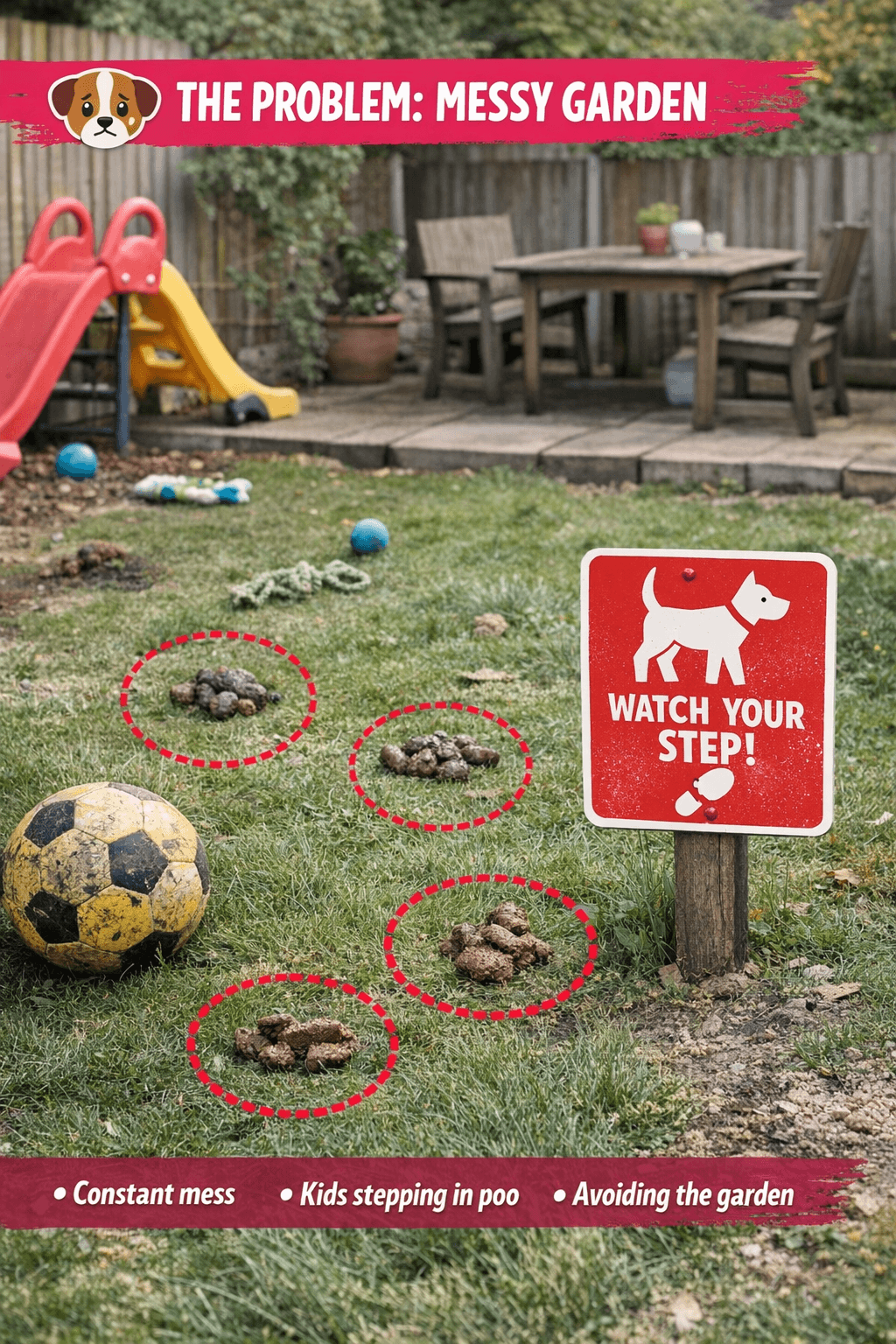 Messy garden with dog poo