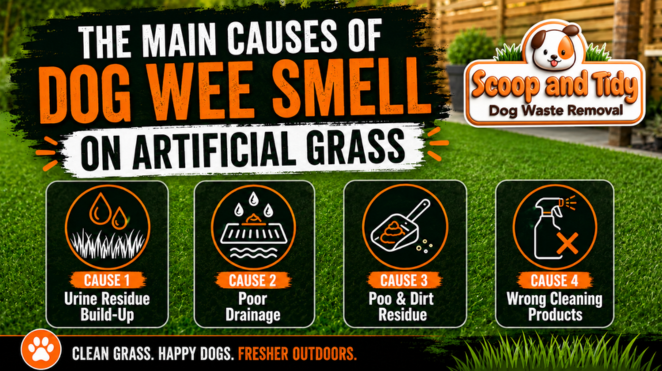 Infographic showing the main causes of dog wee smell on artificial grass, including urine residue build-up, poor drainage, poo and dirt residue, and wrong cleaning products, branded for Scoop and Tidy dog waste removal. Infographic showing the main causes of dog wee smell on artificial grass, including urine residue build-up, poor drainage, poo and dirt residue, and wrong cleaning products, branded for Scoop and Tidy dog waste removal.