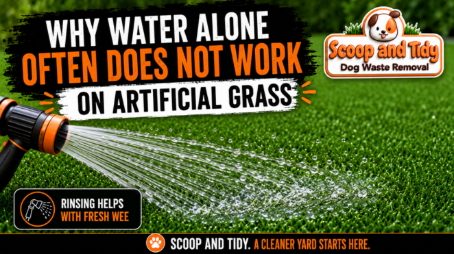 Graphic showing water being sprayed onto artificial grass with the message that water alone often does not work on dog wee smell, branded for Scoop and Tidy dog waste removal. Graphic showing water being sprayed onto artificial grass with the message that water alone often does not work on dog wee smell, branded for Scoop and Tidy dog waste removal.