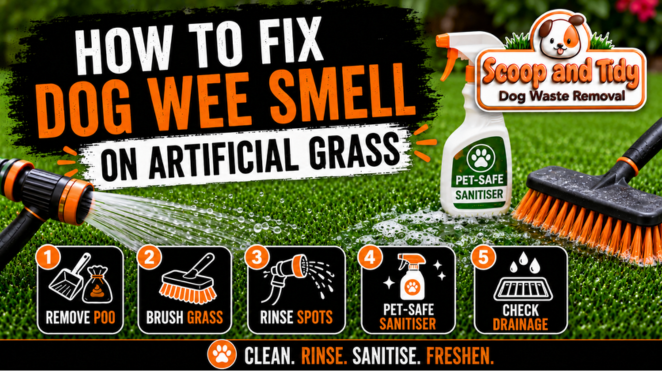 Infographic showing how to fix dog wee smell on artificial grass, with steps to remove poo, rinse problem spots, apply pet-safe sanitiser, brush the grass, and check drainage, branded for Scoop and Tidy dog waste removal. Infographic showing how to fix dog wee smell on artificial grass, with steps to remove poo, rinse problem spots, apply pet-safe sanitiser, brush the grass, and check drainage, branded for Scoop and Tidy dog waste removal.