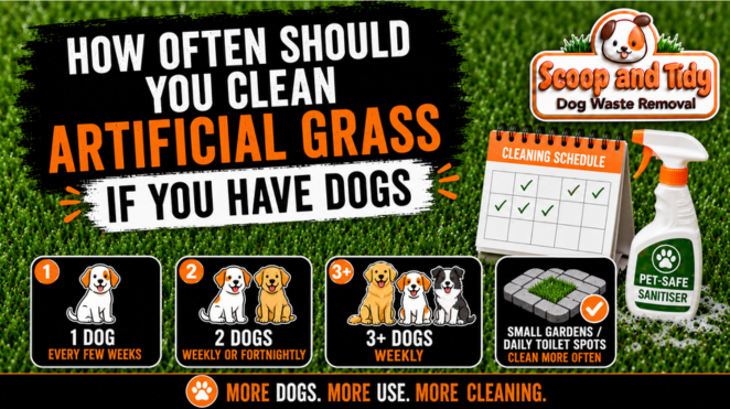 Infographic explaining how often to clean artificial grass if you have dogs, with recommendations for one dog, two dogs, three or more dogs, and small gardens or daily toilet spots, branded for Scoop and Tidy dog waste removal. Infographic explaining how often to clean artificial grass if you have dogs, with recommendations for one dog, two dogs, three or more dogs, and small gardens or daily toilet spots, branded for Scoop and Tidy dog waste removal.