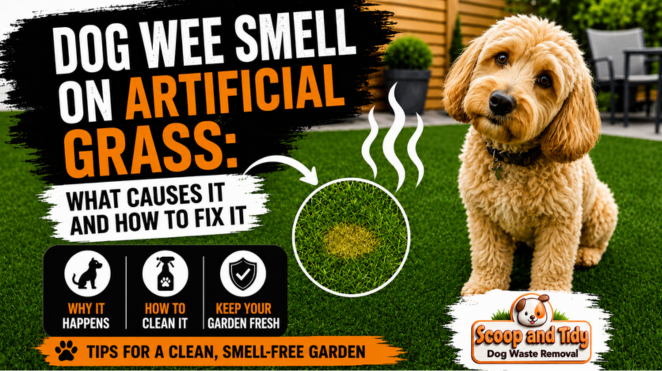 Thumbnail showing a dog sitting on artificial grass beside bold text reading “Dog wee smell on artificial grass: what causes it and how to fix it.” The image includes a close-up of stained artificial grass with odour lines, icons for why it happens, how to clean it, and keeping the garden fresh, plus the Scoop and Tidy Dog Waste Removal logo. Thumbnail showing a dog sitting on artificial grass beside bold text reading “Dog wee smell on artificial grass: what causes it and how to fix it.” The image includes a close-up of stained artificial grass with odour lines, icons for why it happens, how to clean it, and keeping the garden fresh, plus the Scoop and Tidy Dog Waste Removal logo.